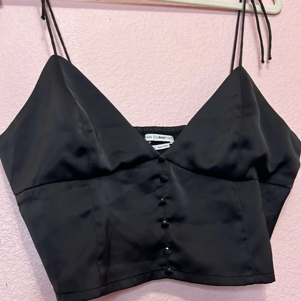 UO Lolly Satin Tie-Shoulder Top - Black. Size XL